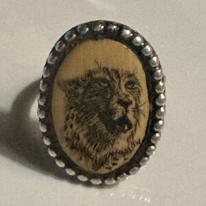 Vintage Sterling Silver Scrimshaw Leopard Cheetah Ring Signed BW Size 5 1/2